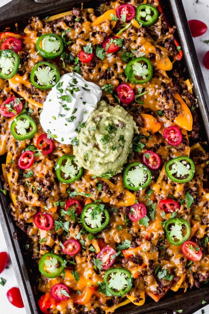 The Cattle-ist recommends the Loaded Bell Pepper Nachos from Delicious Little Bites for your Super Bowl menu.
